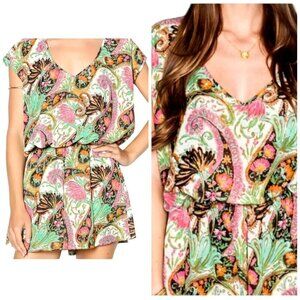 Show Me Your Mumu Romper Women Large Green Pink Paisley Palace Rowdy‎ Romper